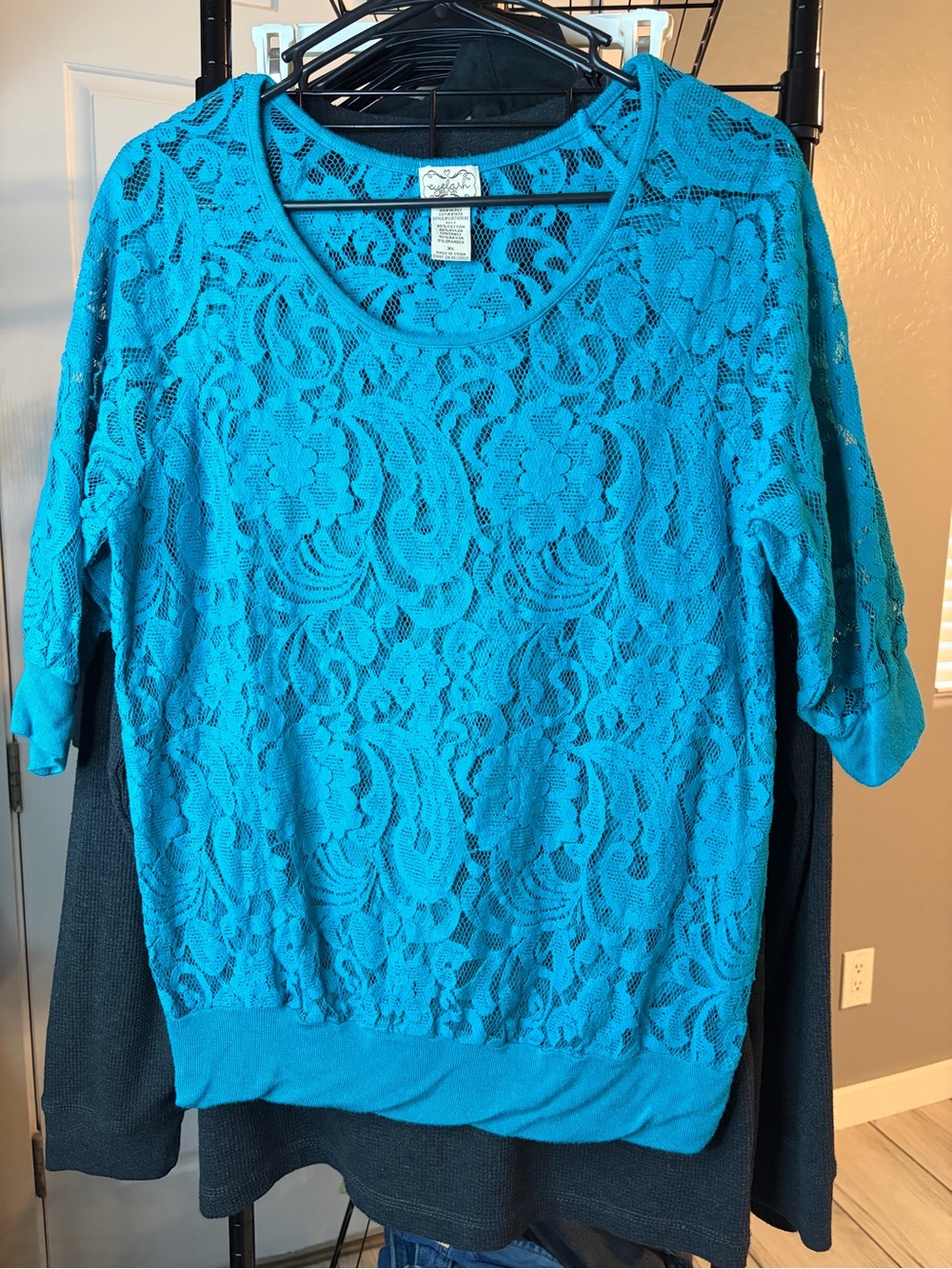 eyelash couture Teal Lace Overlay Women's Top